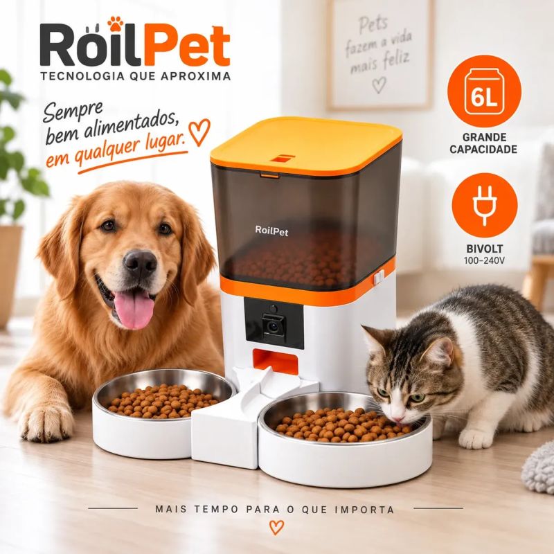 Comedouro Inteligente RoilPet 6L Wi-Fi com Câmera 1080p e 2 Potes Comedouro Inteligente RoilPet 6L Wi-Fi com Câmera 1080p e 2 Potes